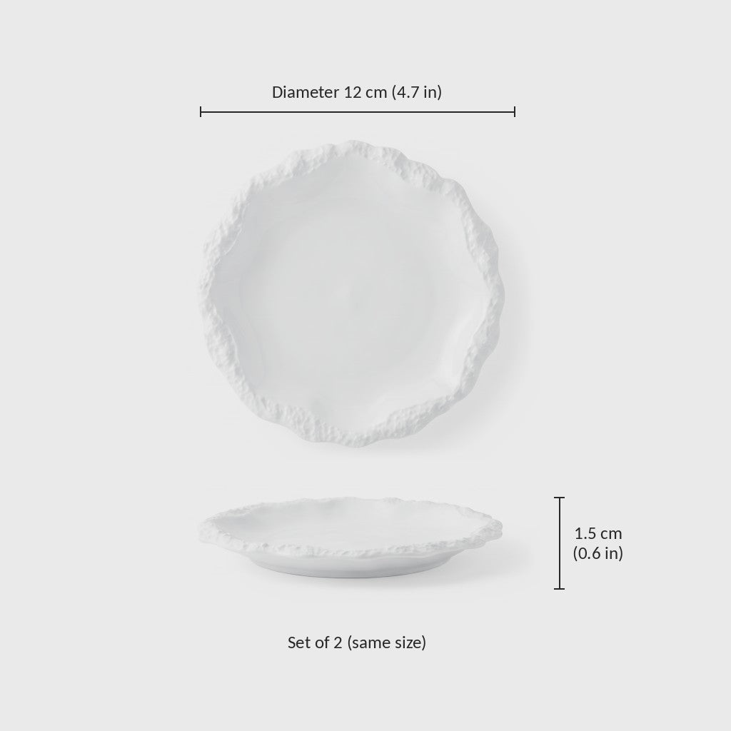 Dimensions graphic of a white ceramic plate with a textured rim, diameter 12 cm or 4.7 in and height 1.5 cm or 0.6 in, set of 2 in the same size