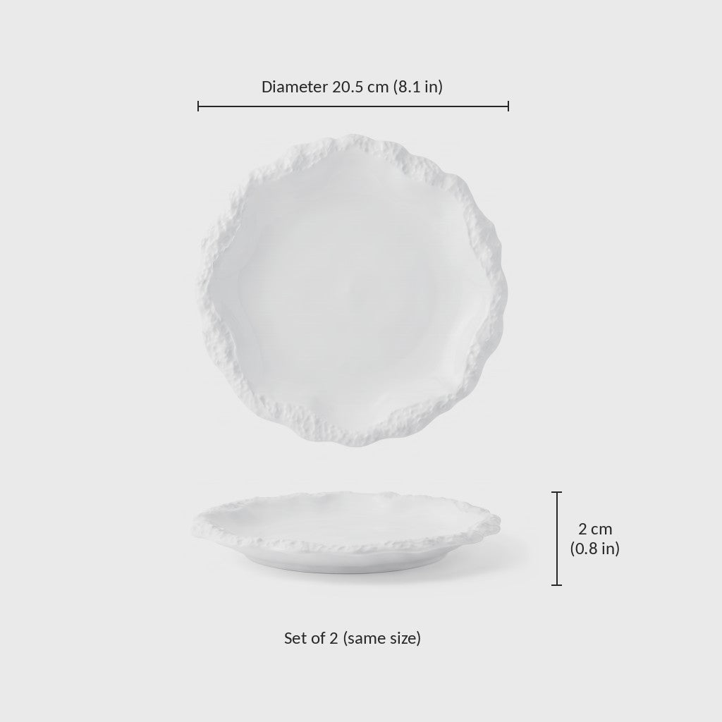 Dimensions graphic of a white ceramic plate with a textured rim, diameter 20.5 cm or 8.1 in and height 2 cm or 0.8 in, set of 2 in the same size