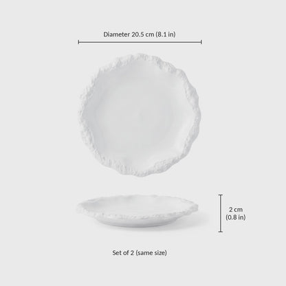 Dimensions graphic of a white ceramic plate with a textured rim, diameter 20.5 cm or 8.1 in and height 2 cm or 0.8 in, set of 2 in the same size