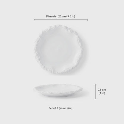 Dimensions graphic of a white ceramic plate with a textured rim, diameter 25 cm or 9.8 in and height 2.5 cm or 1 in, set of 2 in the same size