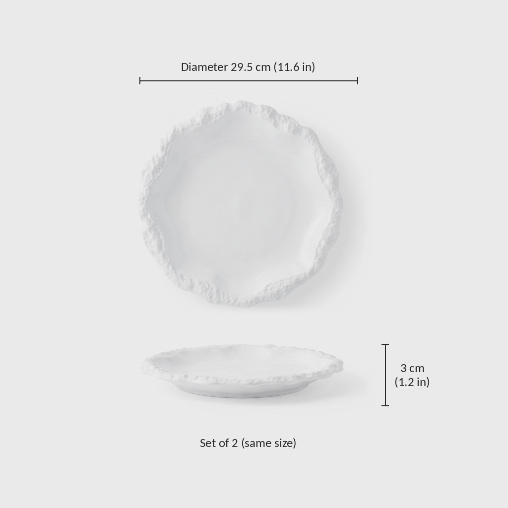 Dimensions graphic of a white ceramic plate with a textured rim, diameter 29.5 cm or 11.6 in and height 3 cm or 1.2 in, set of 2 in the same size