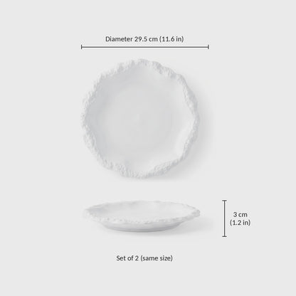 Dimensions graphic of a white ceramic plate with a textured rim, diameter 29.5 cm or 11.6 in and height 3 cm or 1.2 in, set of 2 in the same size