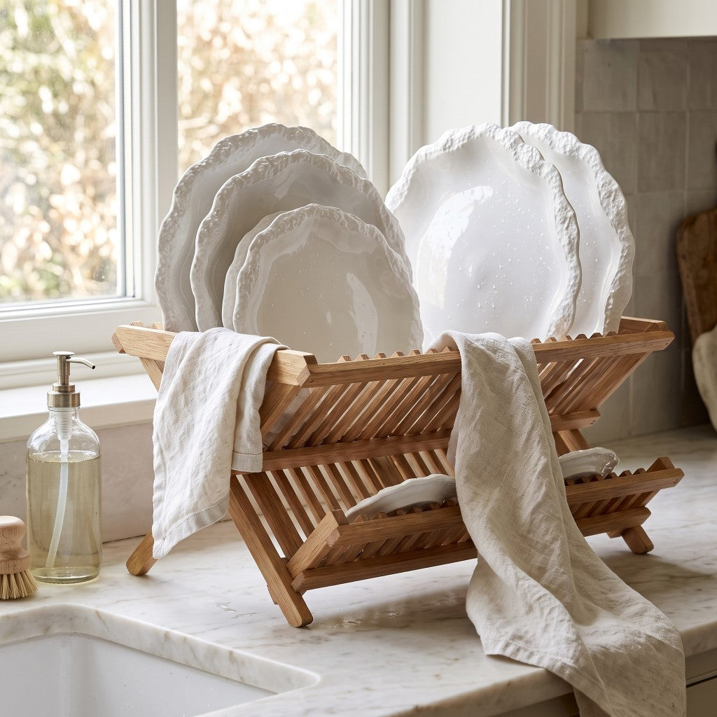 White ceramic plates with a textured rim standing in a wooden dish rack beside a sink, with linen towels, a soap dispenser and a window behind