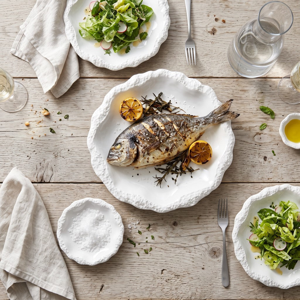 Overhead view of a white ceramic plate with a textured rim holding a whole grilled fish with lemon on a weathered wood table, with salad plates, a small dish, a glass pitcher and linen napkins