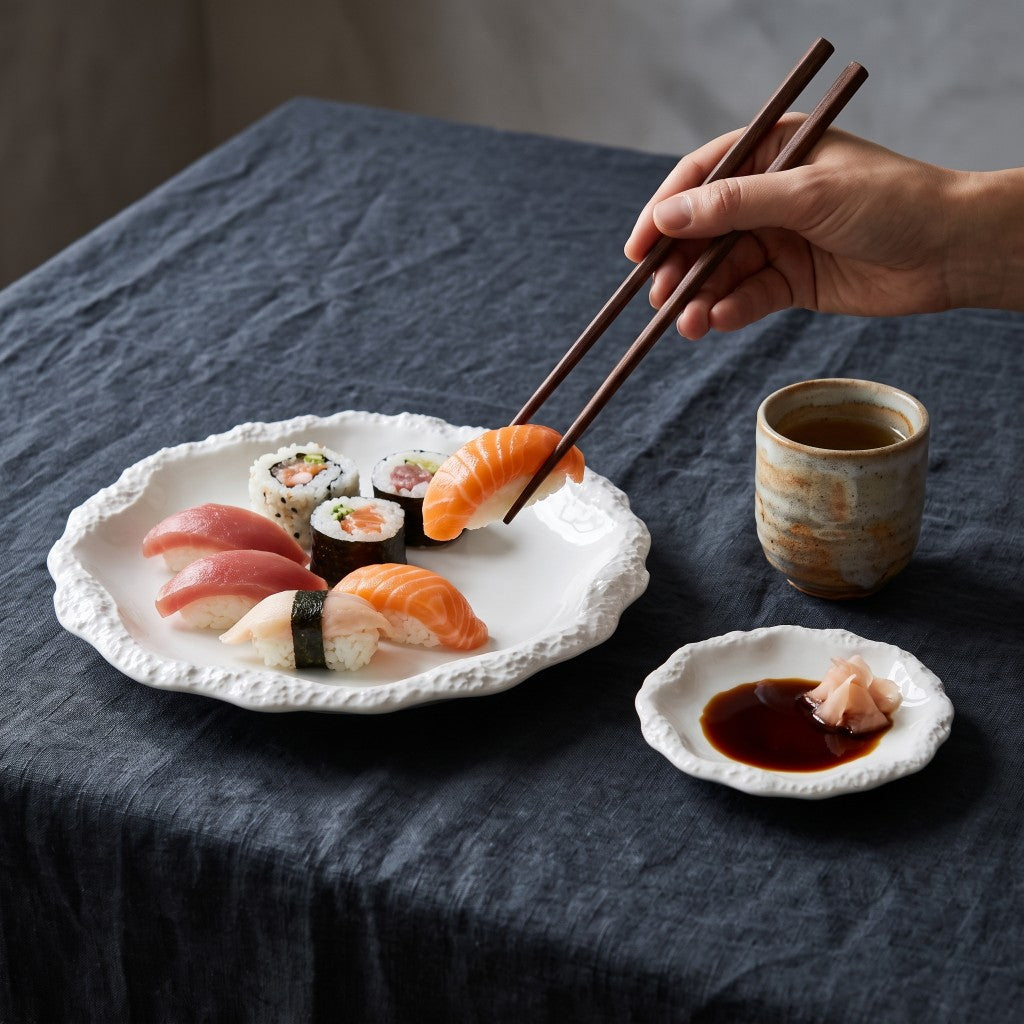 Hand using chopsticks to pick up sushi from a white ceramic plate with a textured rim on a dark linen cloth, with a small soy sauce dish and a ceramic cup