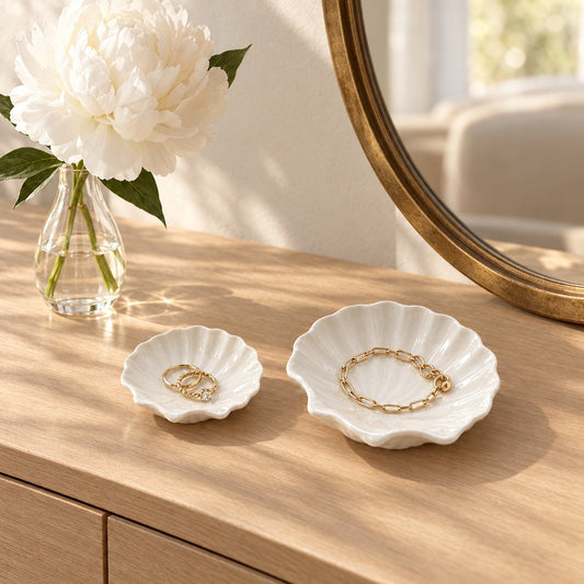 Two white ceramic shell-shaped dishes holding gold rings and a gold bracelet on a wood dresser beside a white peony in a glass vase and a gold-framed mirror