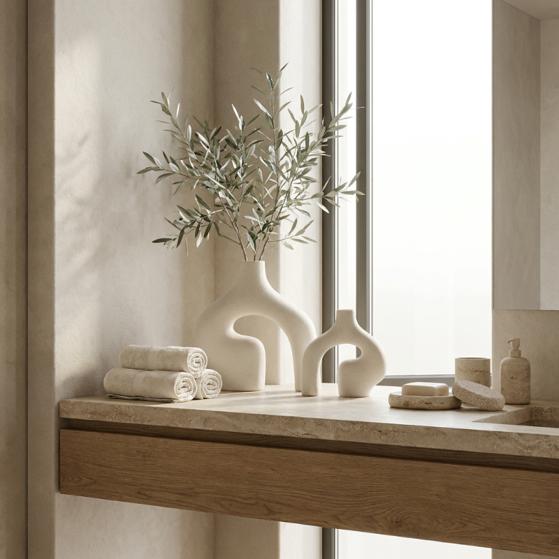 White Nordic 2-piece vase set on wooden console table with olive stem