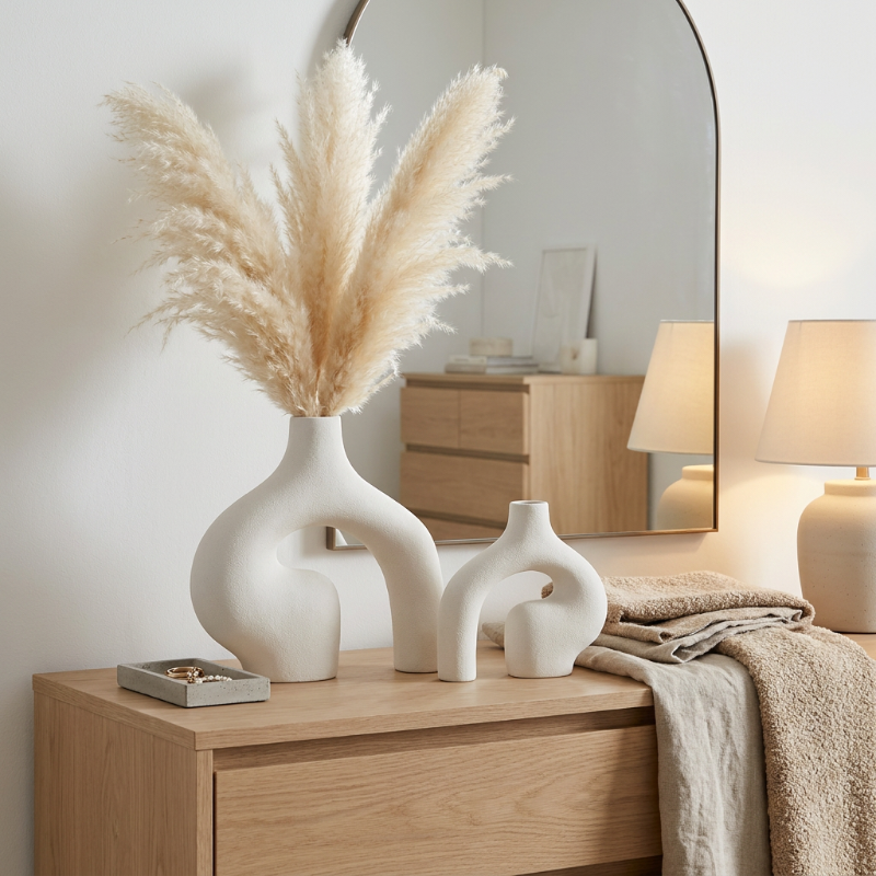 White Nordic 2-piece vase set on dresser with pampas grass in warm neutral bedroom