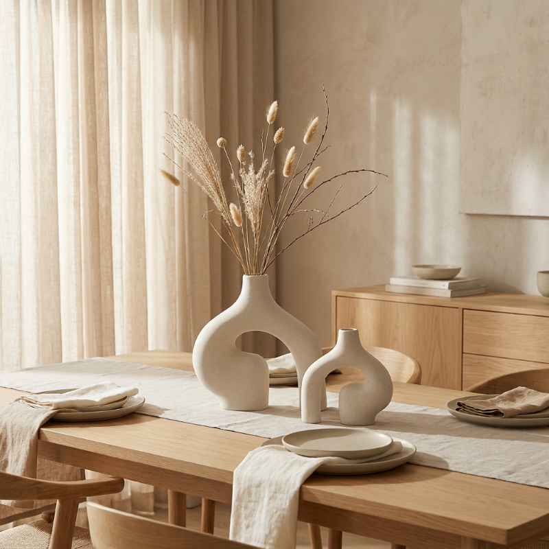 White Nordic 2-piece vase set on dining table in soft natural light
