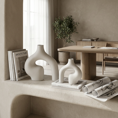 White Nordic 2-piece vase set on bookshelf in neutral living room