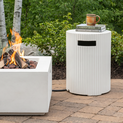 White Outdoor Propane Tank Holder with a clean magnesium oxide finish on an off-white background