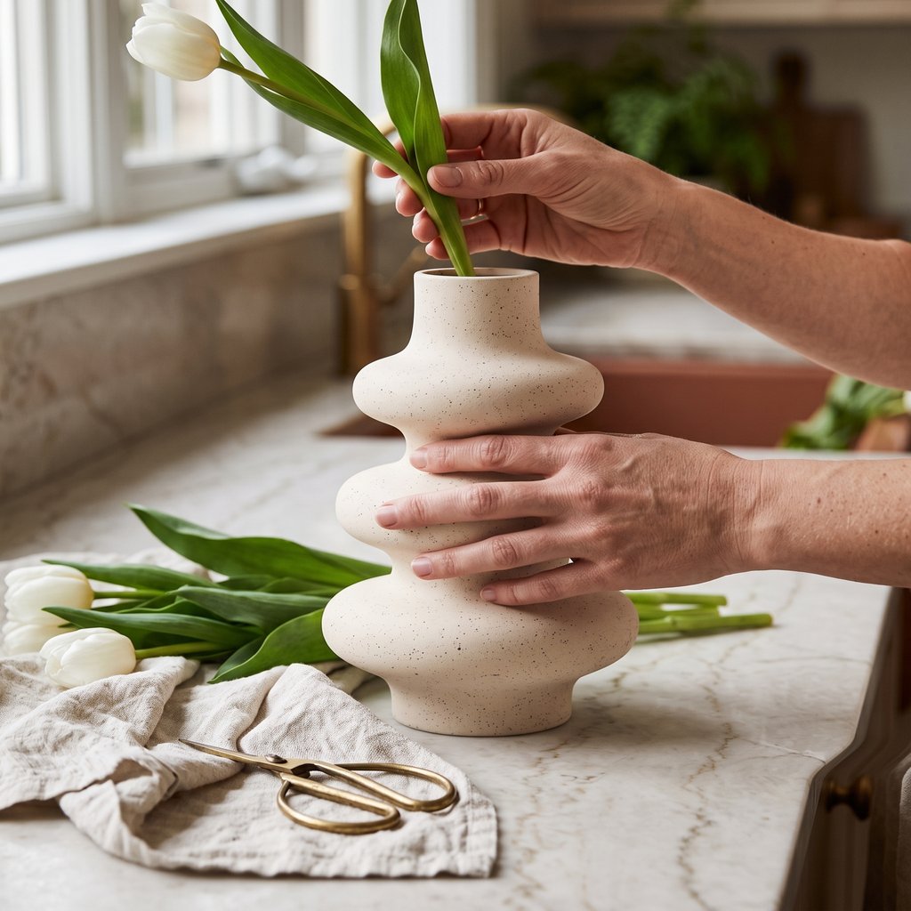 Hands arranging a white tulip in a cream rippled ceramic vase on a marble counter beside more tulips, scissors and a linen cloth