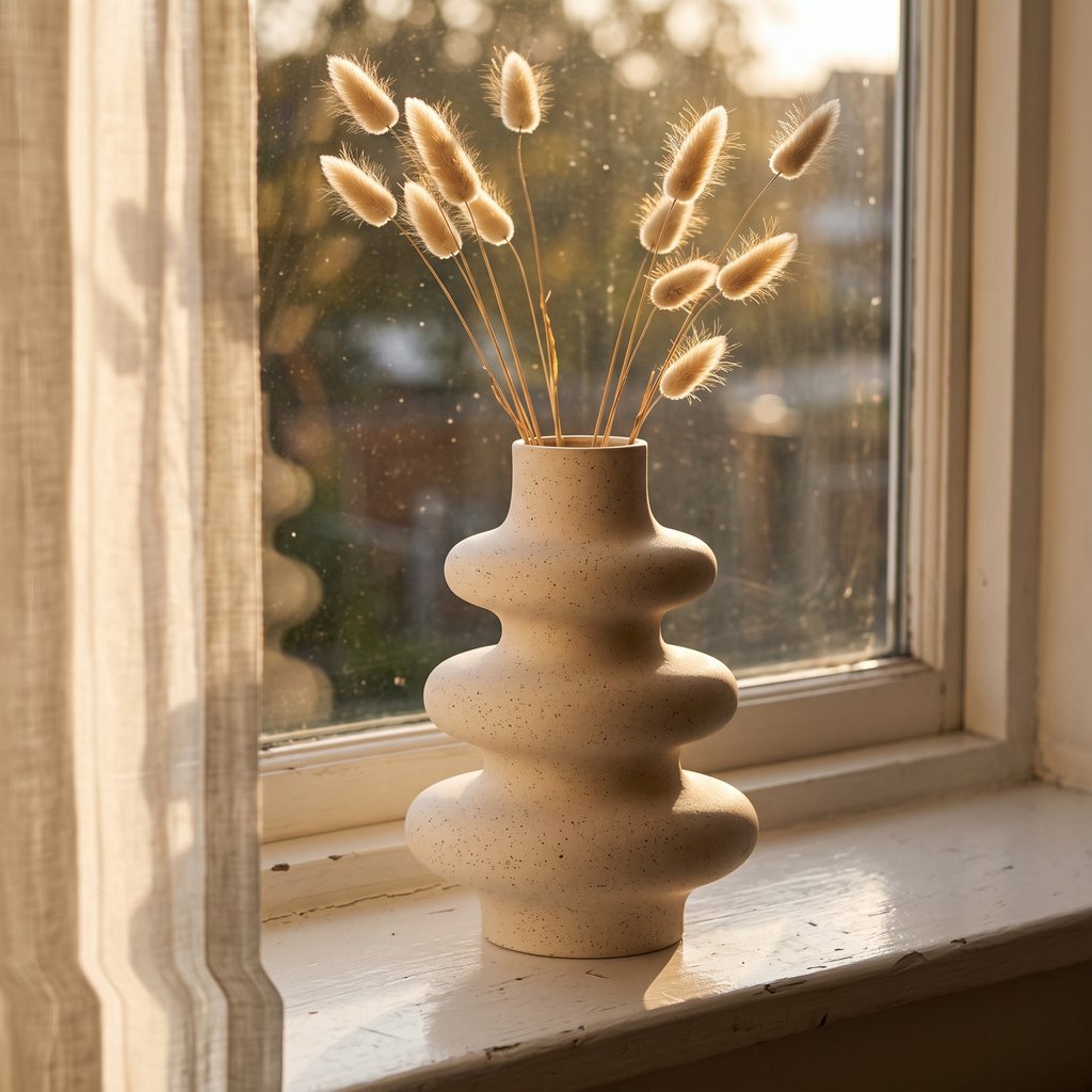 Cream rippled ceramic vase holding dried bunny tail grass on a window sill with a sunlit window behind