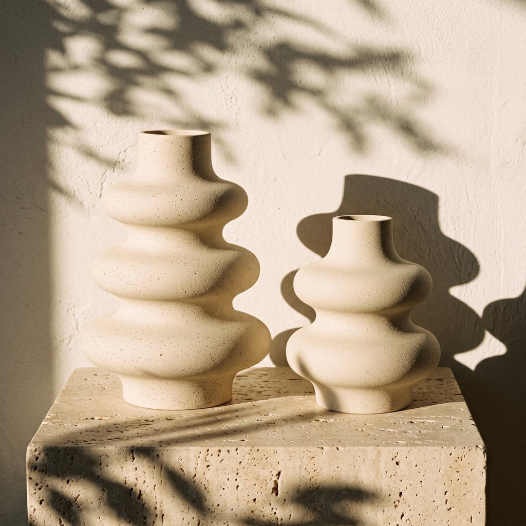 Two cream rippled ceramic vases of different sizes on a travertine block in strong sunlight with leaf shadows on the wall