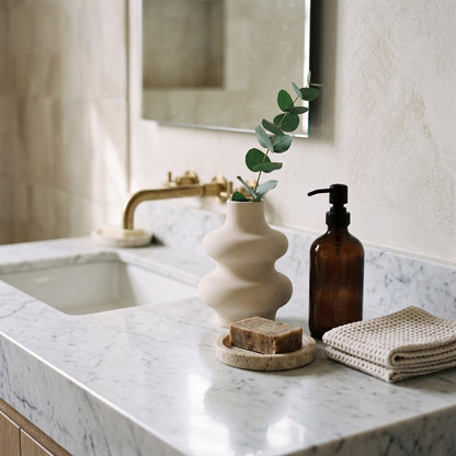 Small cream rippled ceramic vase with a green stem on a white marble bathroom vanity beside a brown soap dispenser, a soap dish with a bar of soap and a folded towel, with a gold faucet and mirror behind