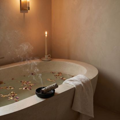 White sage smudge bundle beside bathtub in warm neutral bathroom