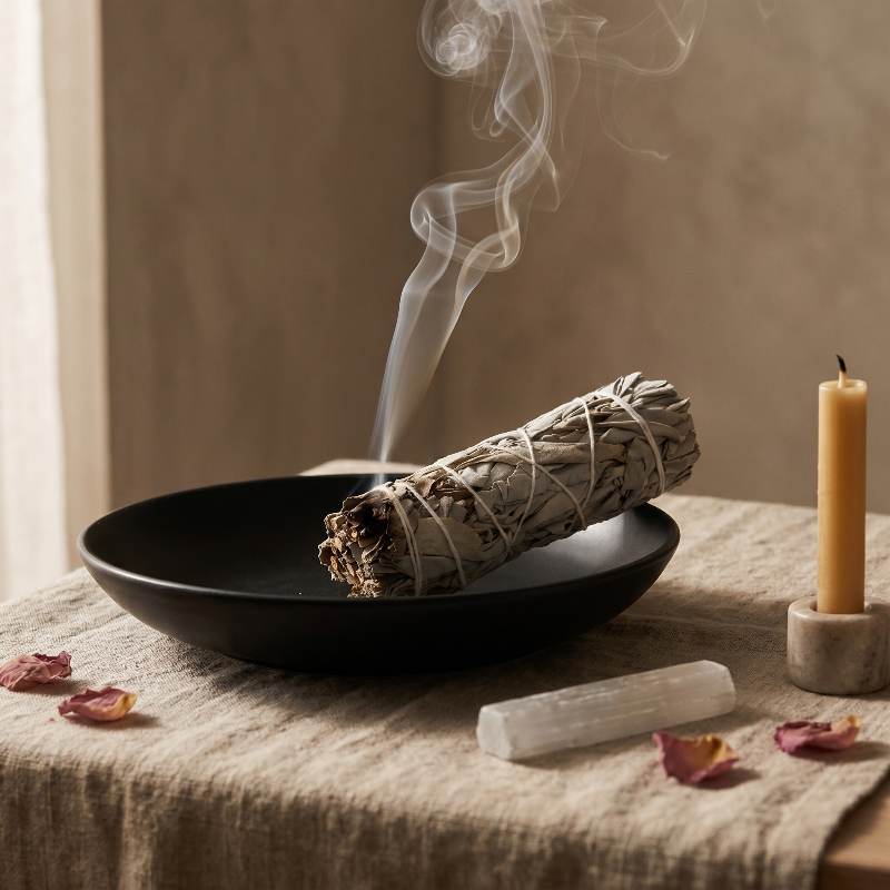 White sage smudge bundle smoking in black dish beside taper candle
