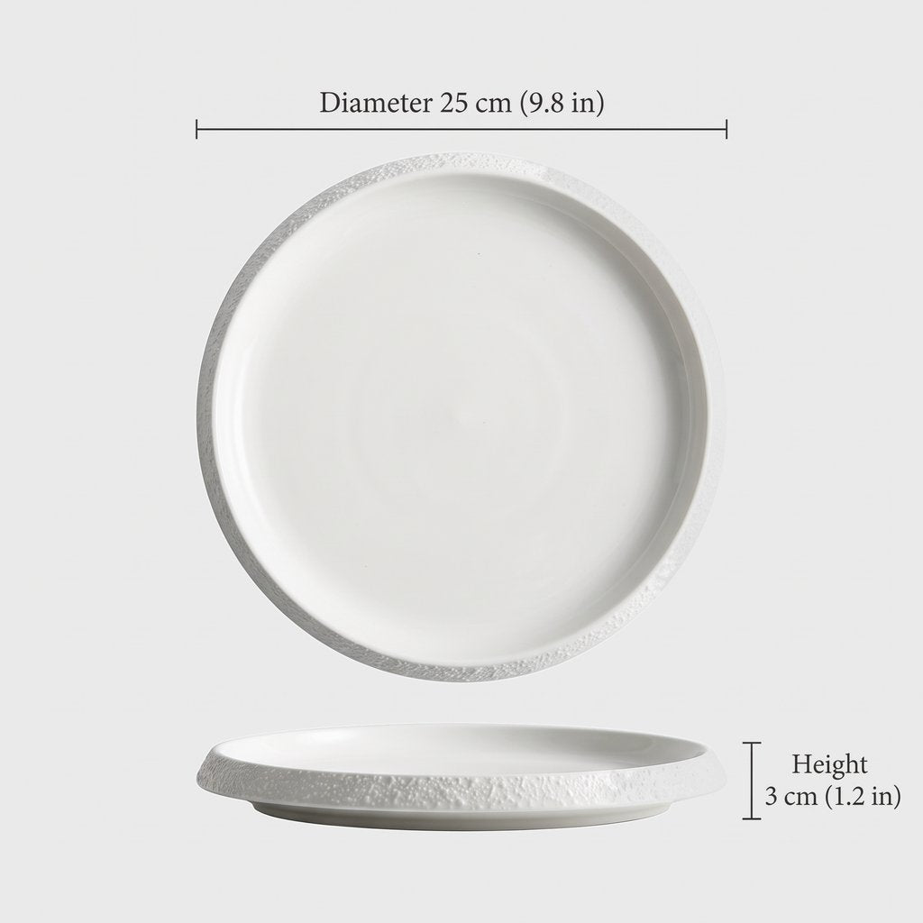 Dimensions graphic of a white textured ceramic plate, diameter 25 cm or 9.8 in and height 3 cm or 1.2 in