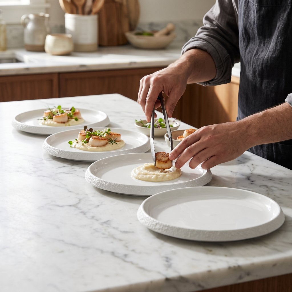 Hands plating scallops with sauce onto white textured ceramic plates lined up on a marble kitchen counter