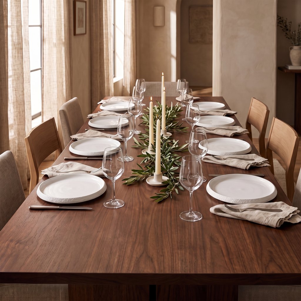 Long wood dining table set with white textured ceramic plates, wine glasses, linen napkins, tall candles and a greenery runner