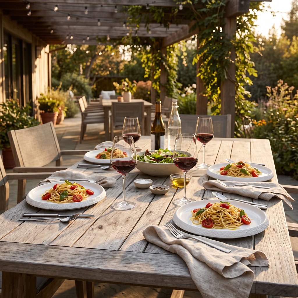 Outdoor wood table under a vine pergola set with white textured ceramic plates of spaghetti, glasses of red wine, a salad bowl and linen napkins