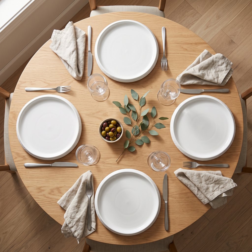 Overhead view of a round wood table set with four white textured ceramic plates, glasses, linen napkins and a small bowl of olives with a leafy sprig
