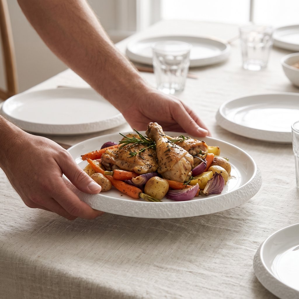 Hands setting down a white textured ceramic plate holding roast chicken with carrots and onions on a table with more plates and glasses