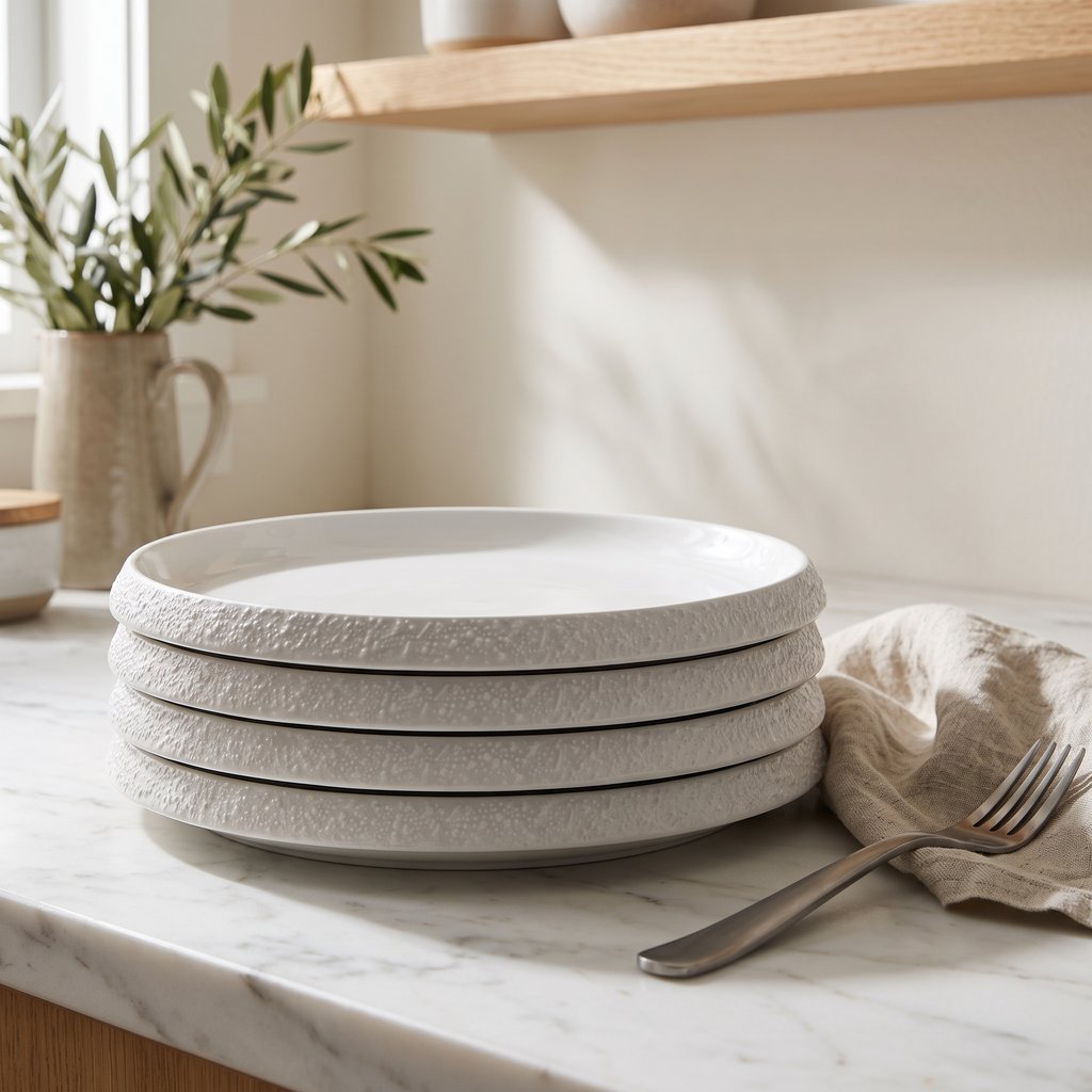 Stack of white textured ceramic plates on a marble counter beside two forks and a linen cloth, with an olive branch in a pitcher behind