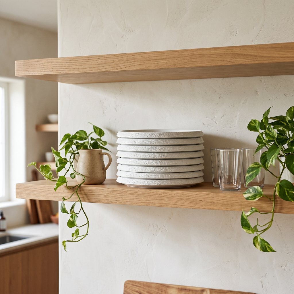 Stack of white textured ceramic plates on a wood open shelf beside a ceramic mug with a trailing plant and a glass