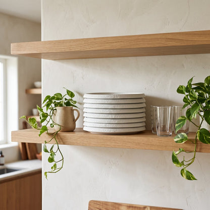 Stack of white textured ceramic plates on a wood open shelf beside a ceramic mug with a trailing plant and a glass