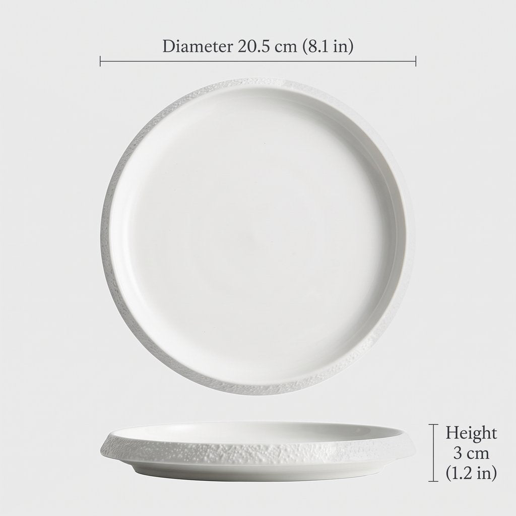 Dimensions graphic of a white textured ceramic plate, diameter 20.5 cm or 8.1 in and height 3 cm or 1.2 in