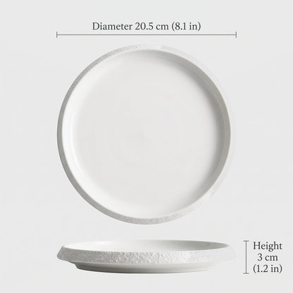 Dimensions graphic of a white textured ceramic plate, diameter 20.5 cm or 8.1 in and height 3 cm or 1.2 in