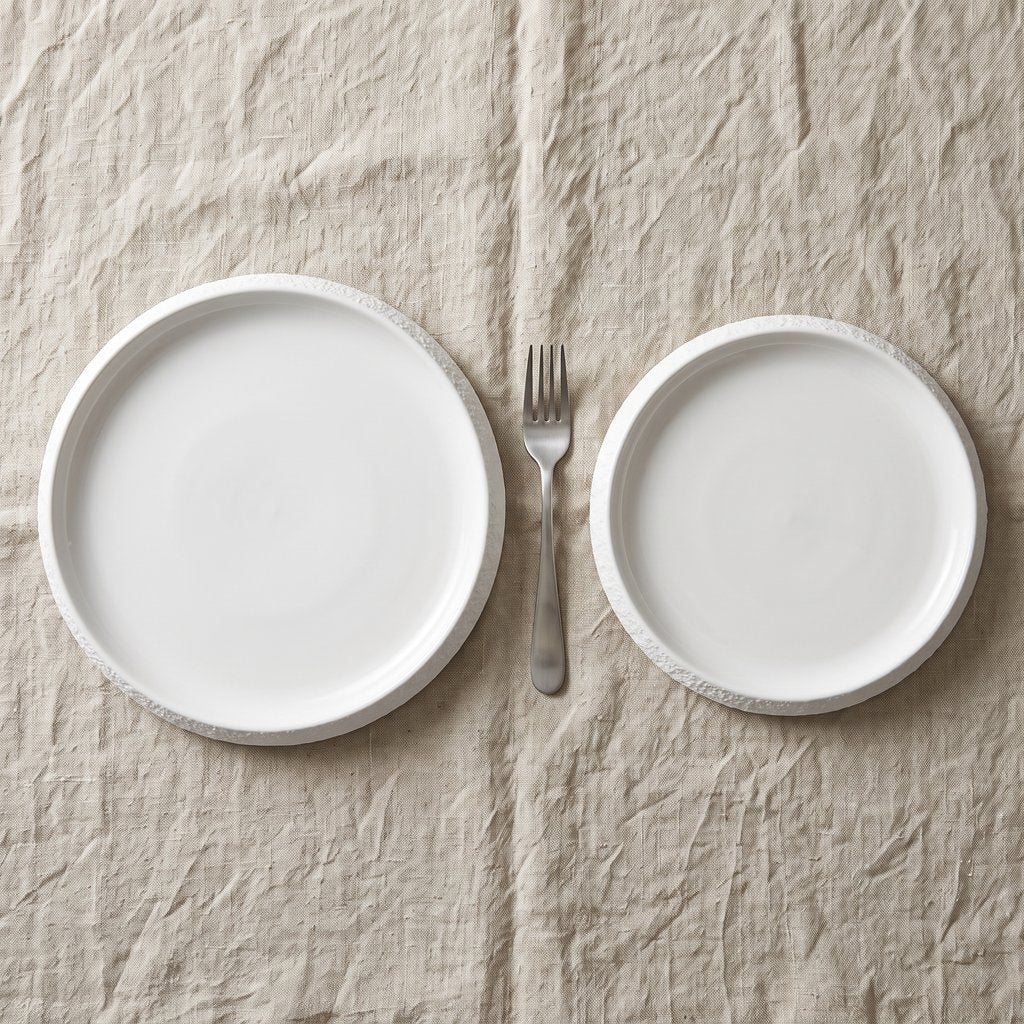 Two white textured ceramic plates in different sizes with a fork between them on a beige linen cloth