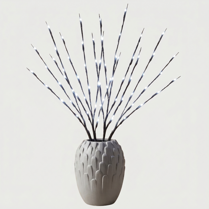 Willow branch LED lights in grey vase on white background