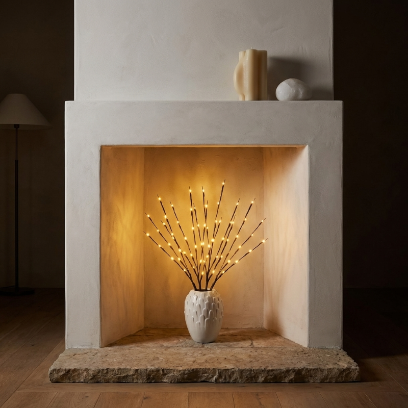 Willow branch LED lights in vase on fireplace mantel in warm interior