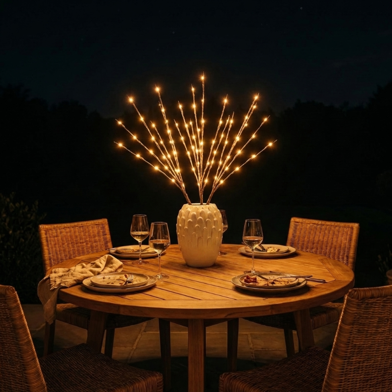 Willow branch LED lights glowing on outdoor dining table at night