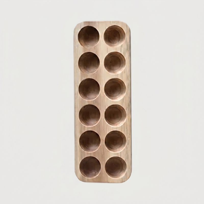 Long wood egg holder tray on white background facing vertically