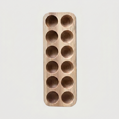 Long wood egg holder tray on white background facing vertically