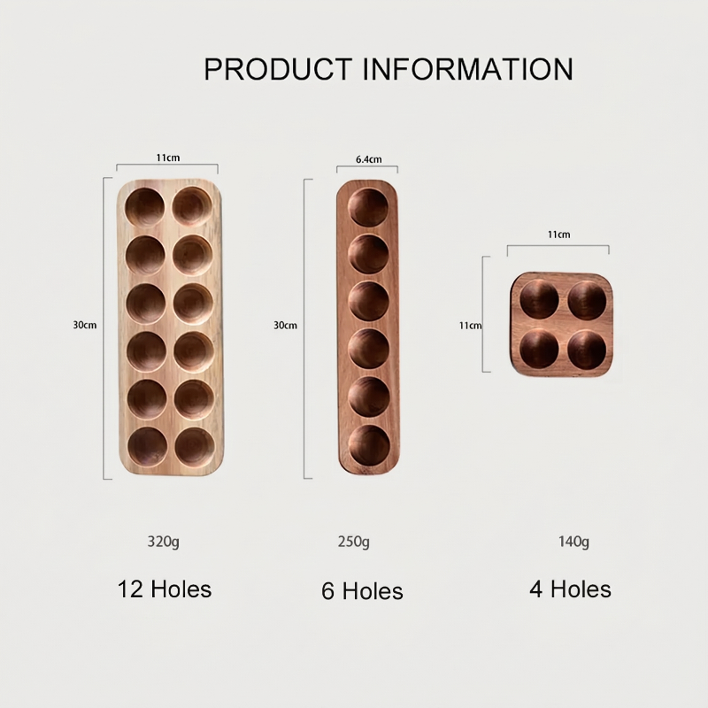 Wood egg holder tray product information graphic showing size options