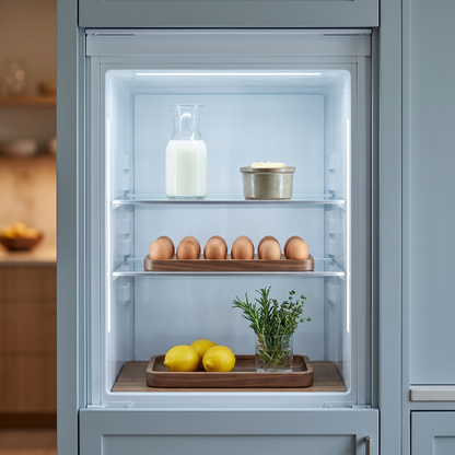 Wood egg holder tray in refrigerator with eggs and fruit