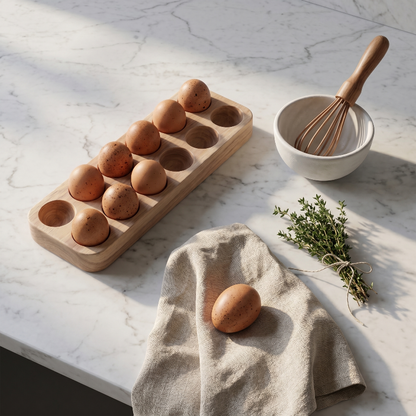 Wooden egg holder with eggs, a whisk in a bowl, and a towel on a marble surface