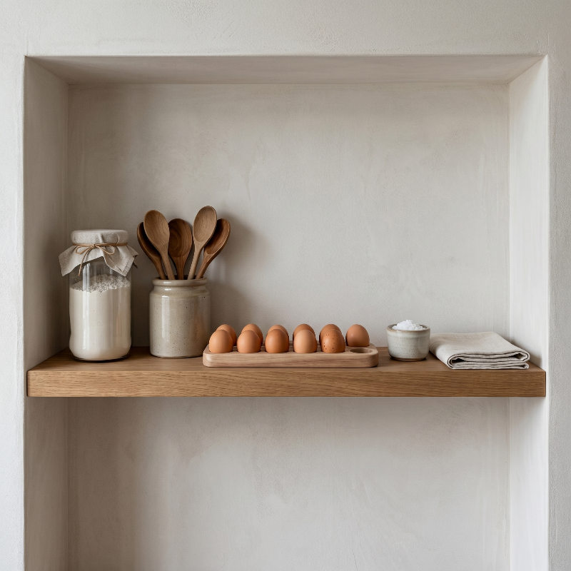 Wood egg holder trays on floating shelf with eggs and jars