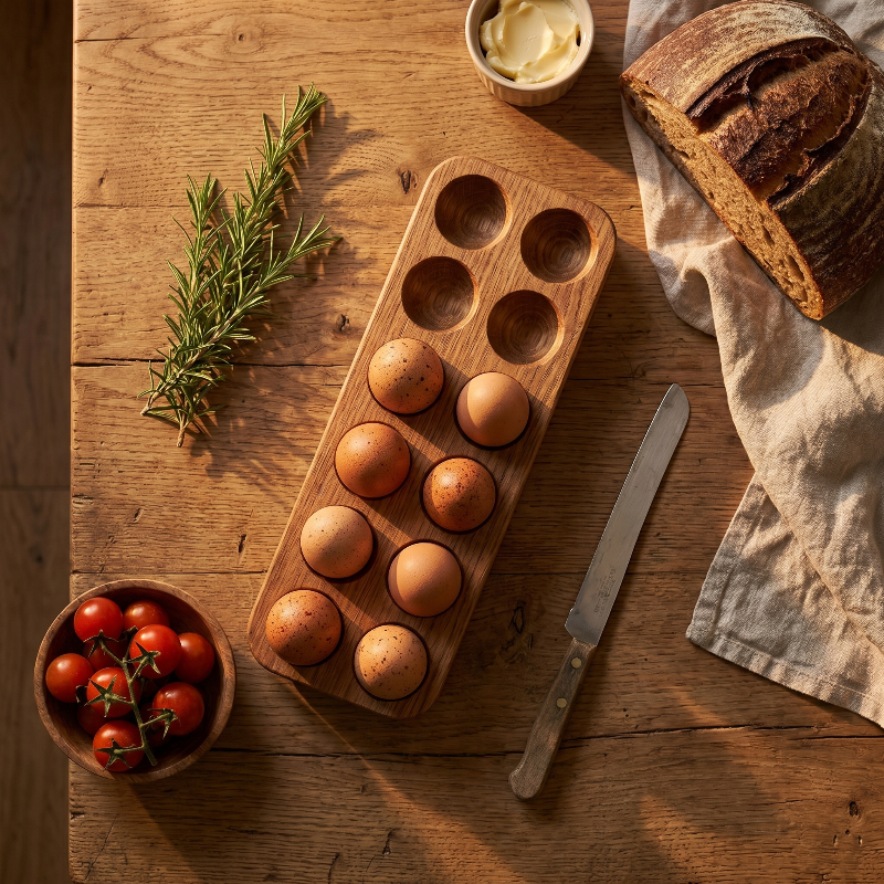 Wood egg holder tray on rustic table with eggs, bread, and rosemary