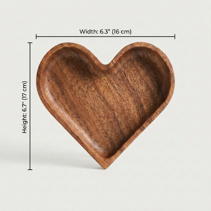 Wood heart-shaped dish dimensions graphic on white background