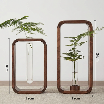 Two wooden plant stands with plants inside, showing dimensions on a plain background.