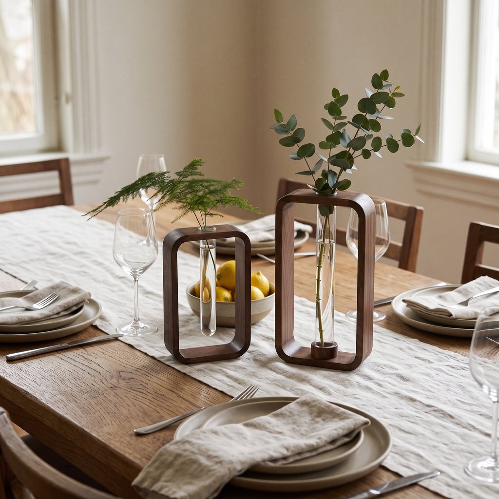 Two dark brown wood rectangular frame vases with glass tubes holding leafy green stems on a rustic wood dining table with a linen runner, plates, folded napkins, wine glasses and a bowl of lemons