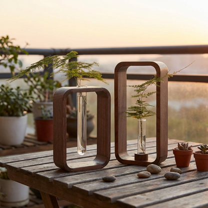 Two wooden plant holders with transparent containers on a wooden table outdoors.