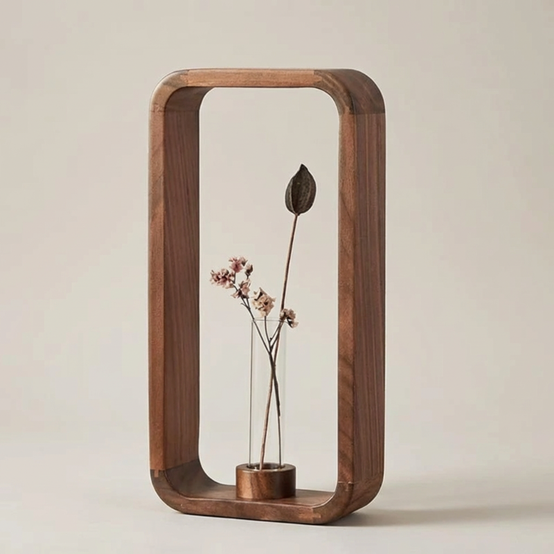 Wooden frame with a vase containing a single leaf on a neutral background