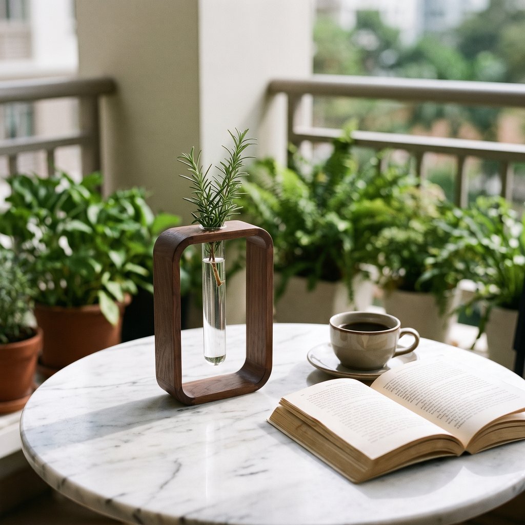 Dark brown wood frame vase with a glass tube holding a needle-leaf green sprig on a round white marble table on a balcony, with a cup of coffee, an open book and potted green plants