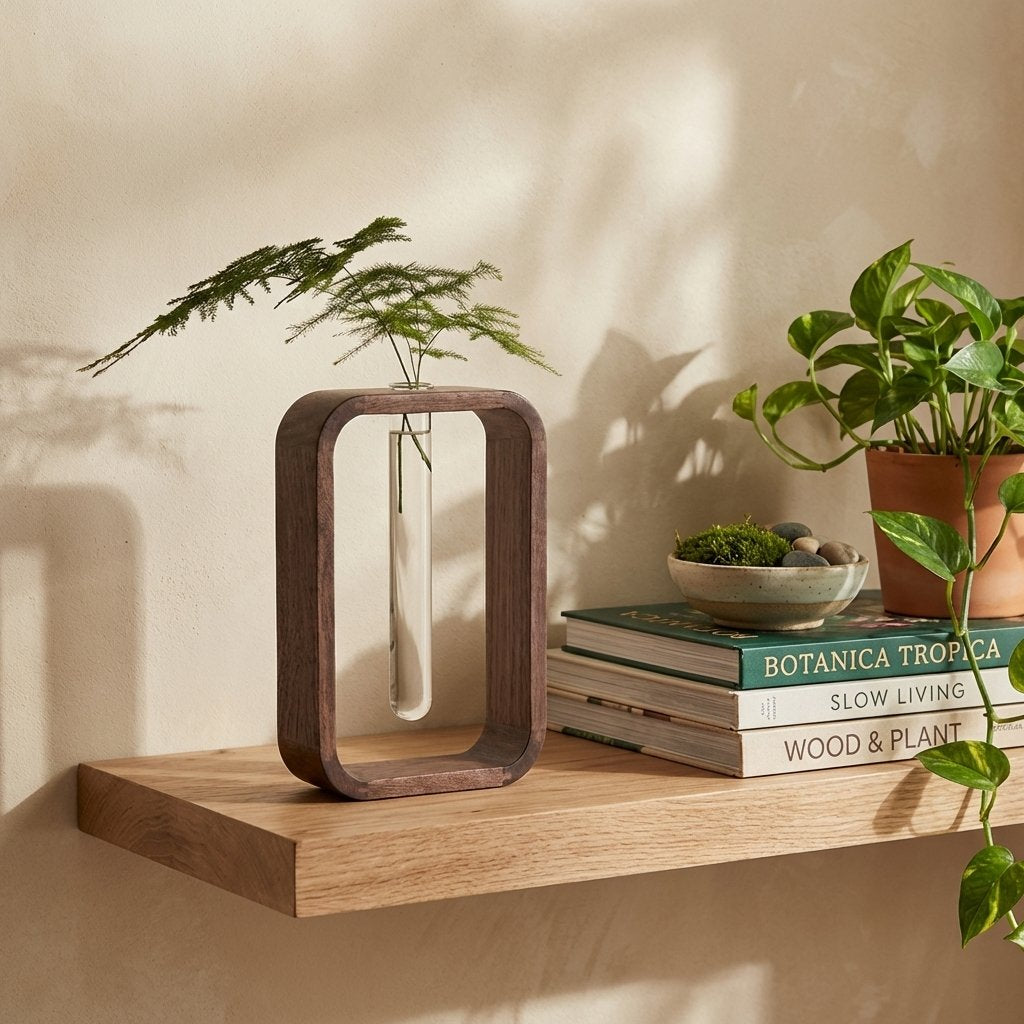Dark brown wood frame vase with a glass tube holding a feathery green sprig on a light wood floating shelf with stacked books, a small bowl of moss and stones, and a potted trailing plant